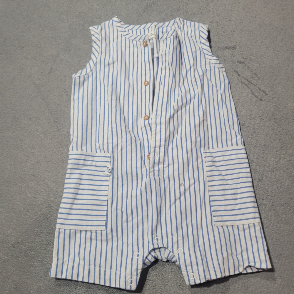 Oliver & Rain Romper 12 Months Blue White Striped Cotton Sleeveless Coastal Snap